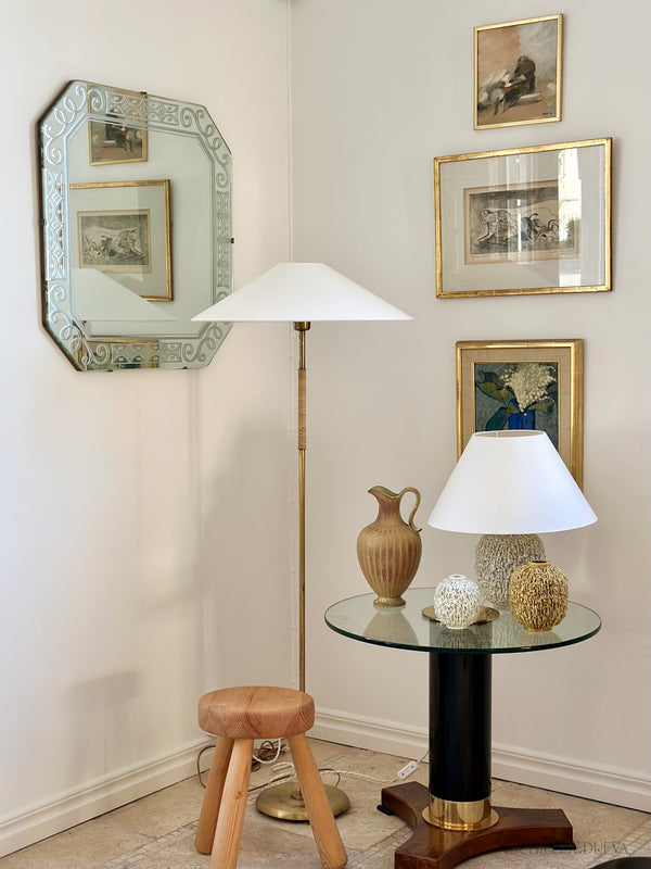 Swedish Modern Brass and rattan Floor Lamp