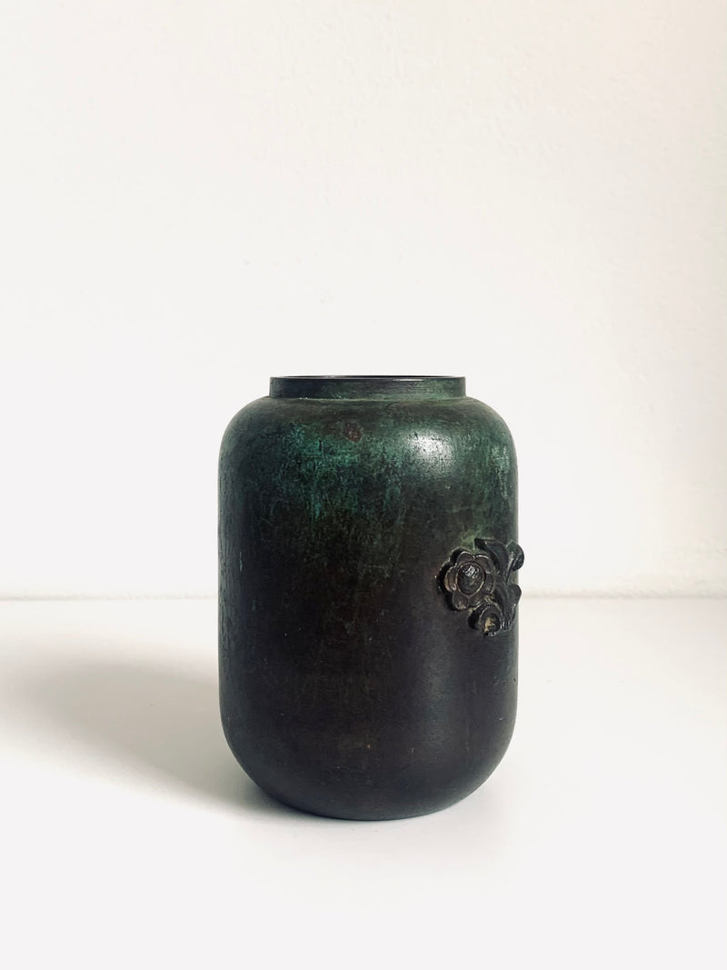 1930s Patinated Bronze Vase with Flower