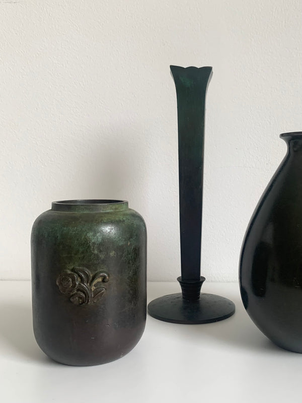 1930s Patinated Bronze Vase with Flower